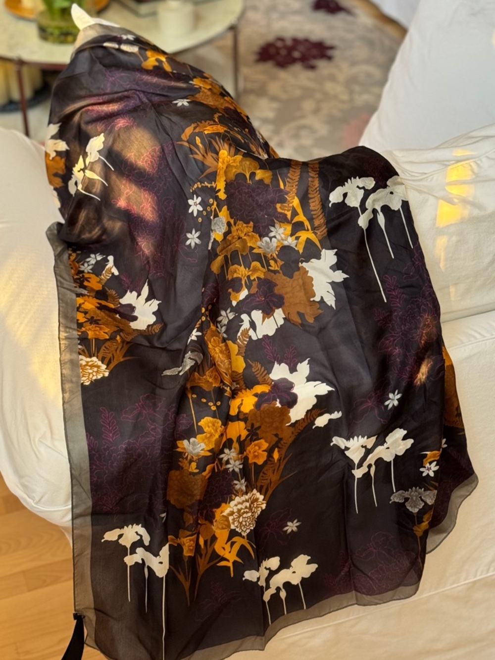 Massimo Dutti Black Sheer Scarf with Mustard and Purple Floral Accents